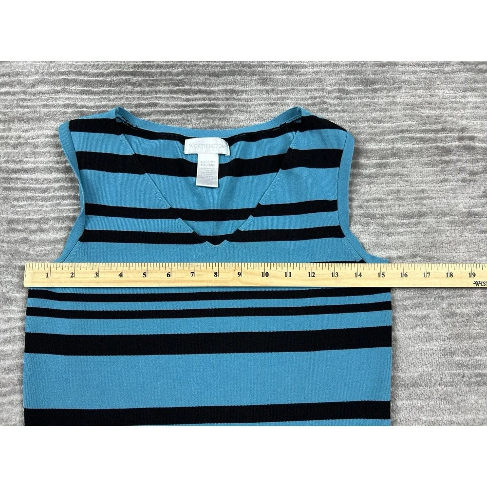 Vintage Worthington Top Womens Medium Blue Black Striped V-Neck Sleeveless‎
